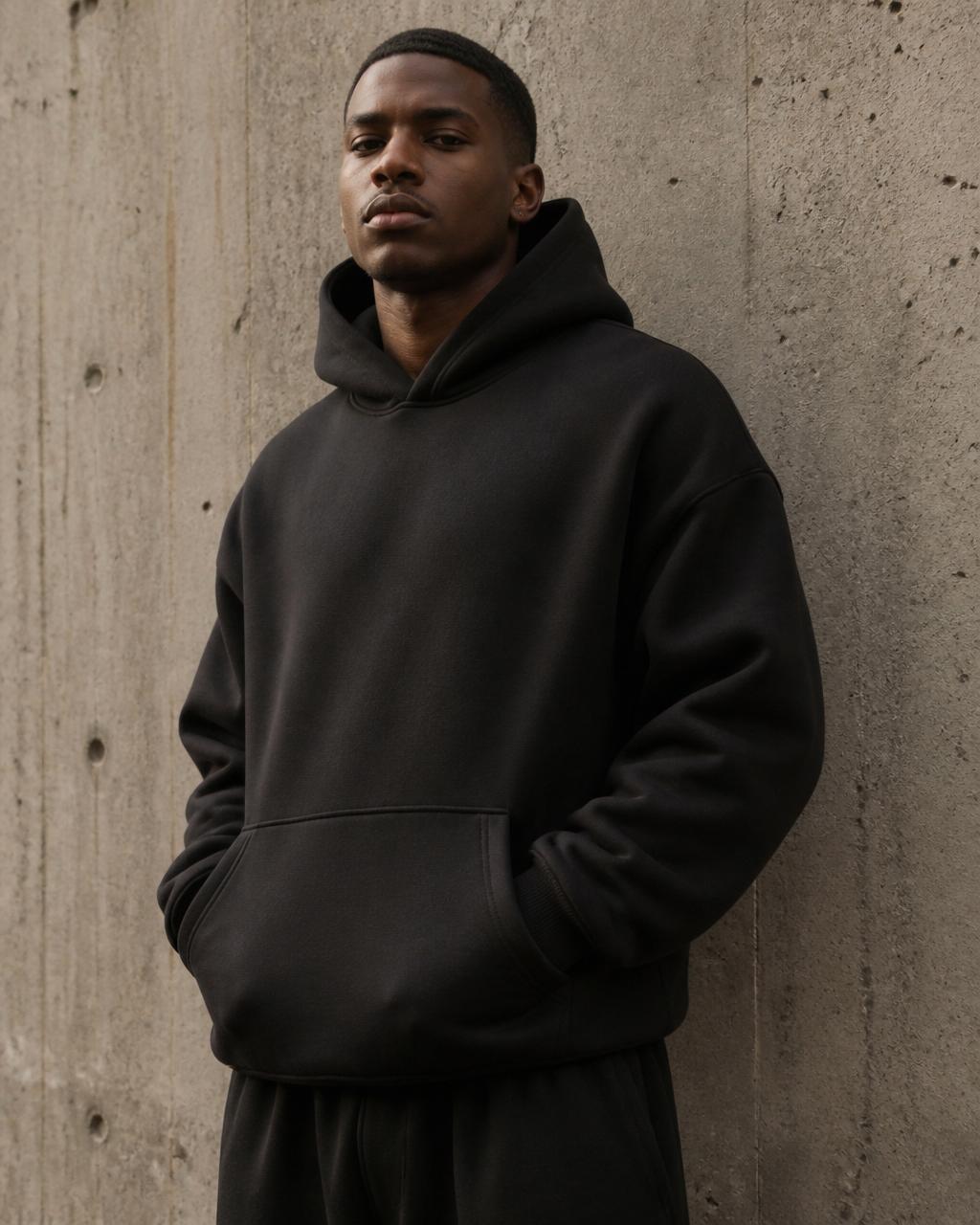 Black model wearing an oversized black Imago Dei hoodie against a concrete wall
